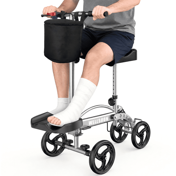 Flybrother Knee Scooter Foldable Knee Scooter for Adults for Foot Surgery with Bag Steerable Knee Walker with Adjustable Footrest Knee Walker for Ankle Foot Recovery Crutch Alternative Dark Grey