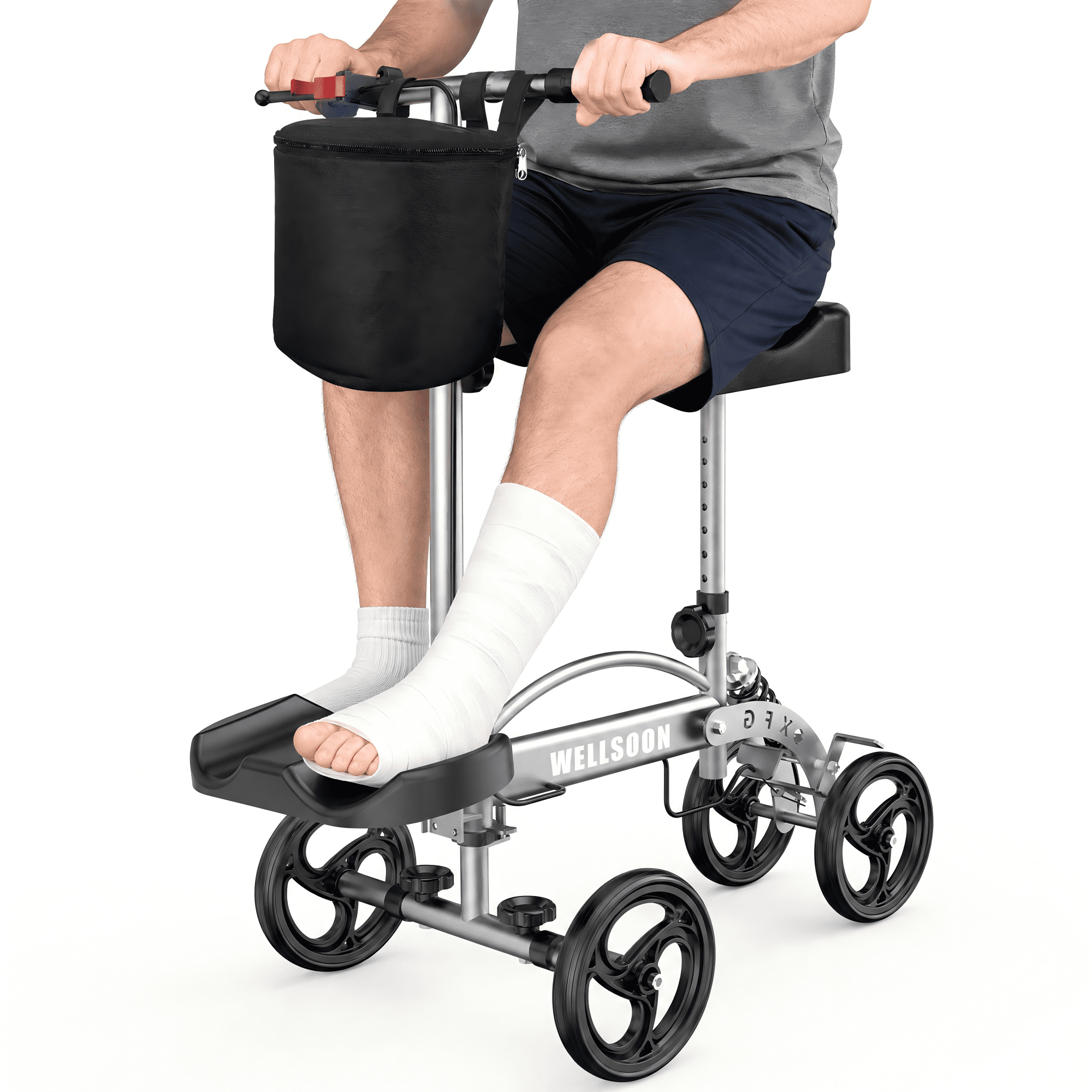 Flybrother Knee Scooter Foldable Knee Scooter for Adults for Foot Surgery with Bag Steerable Knee Walker with Adjustable Footrest Knee Walker for Ankle Foot Recovery Crutch Alternative Dark Grey