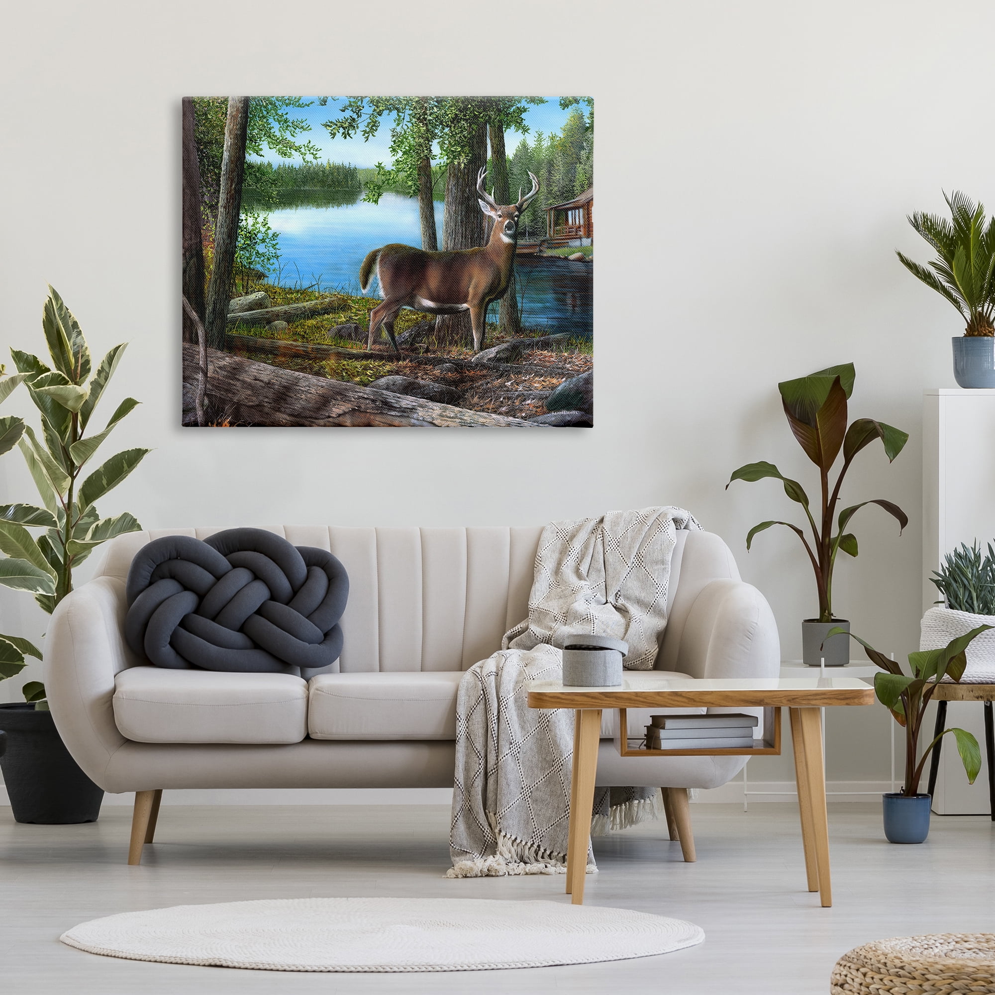 Stupell Industries Deer in Lake Cabin Forest Animals & Insects Painting Gallery Wrapped Canvas Print Wall Art, 48 x 36