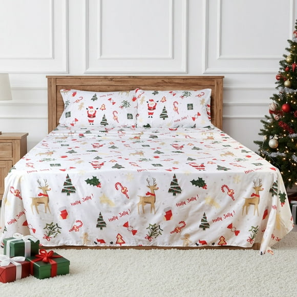 HITIME Juego de Sábanas Navideñas 3 Piezas Tamaño Individual, Bolsillos Profundos 16 Pulgadas, Microfibra de Poliéster Suave con Estampado Festivo, Ideal para Decoración y Regalo