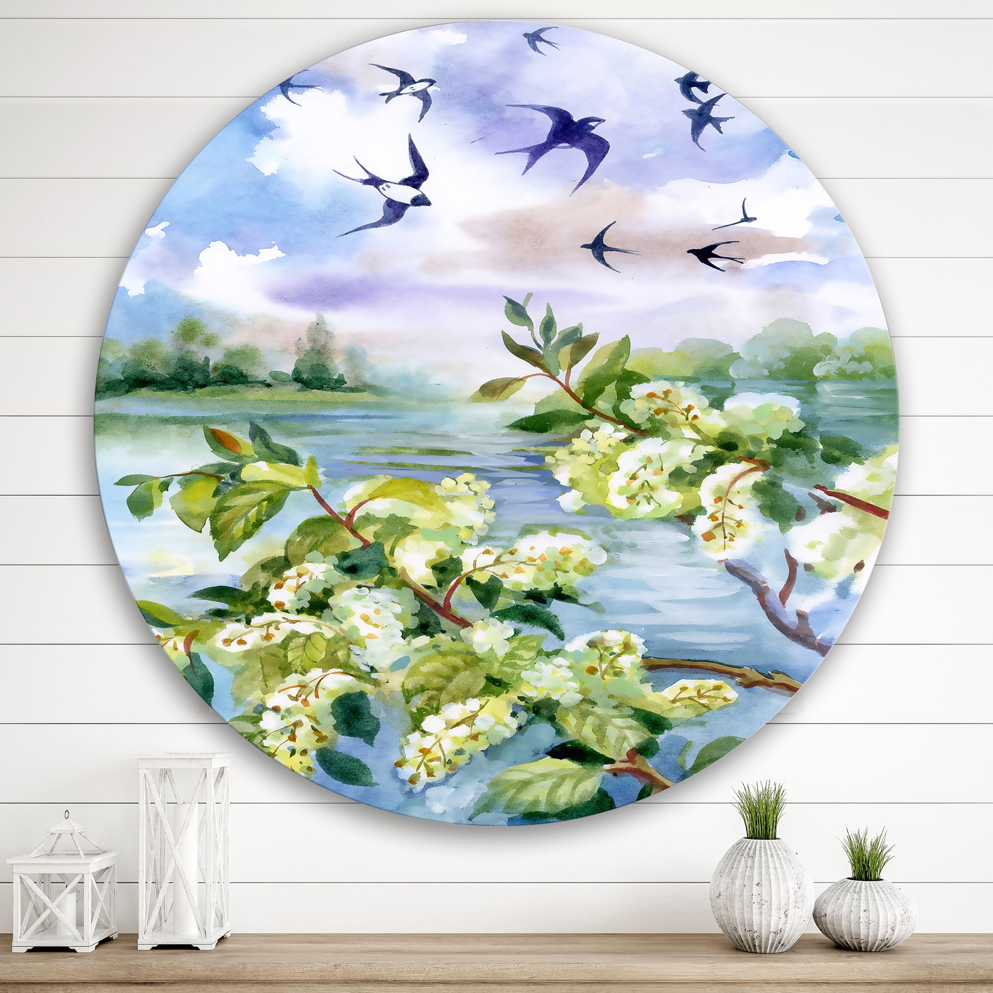 Designart 'Flowers of The Cherry Blossoms On A Spring Day Landscape' Traditional Circle Metal Wall Art 29x29 - Disc of 29