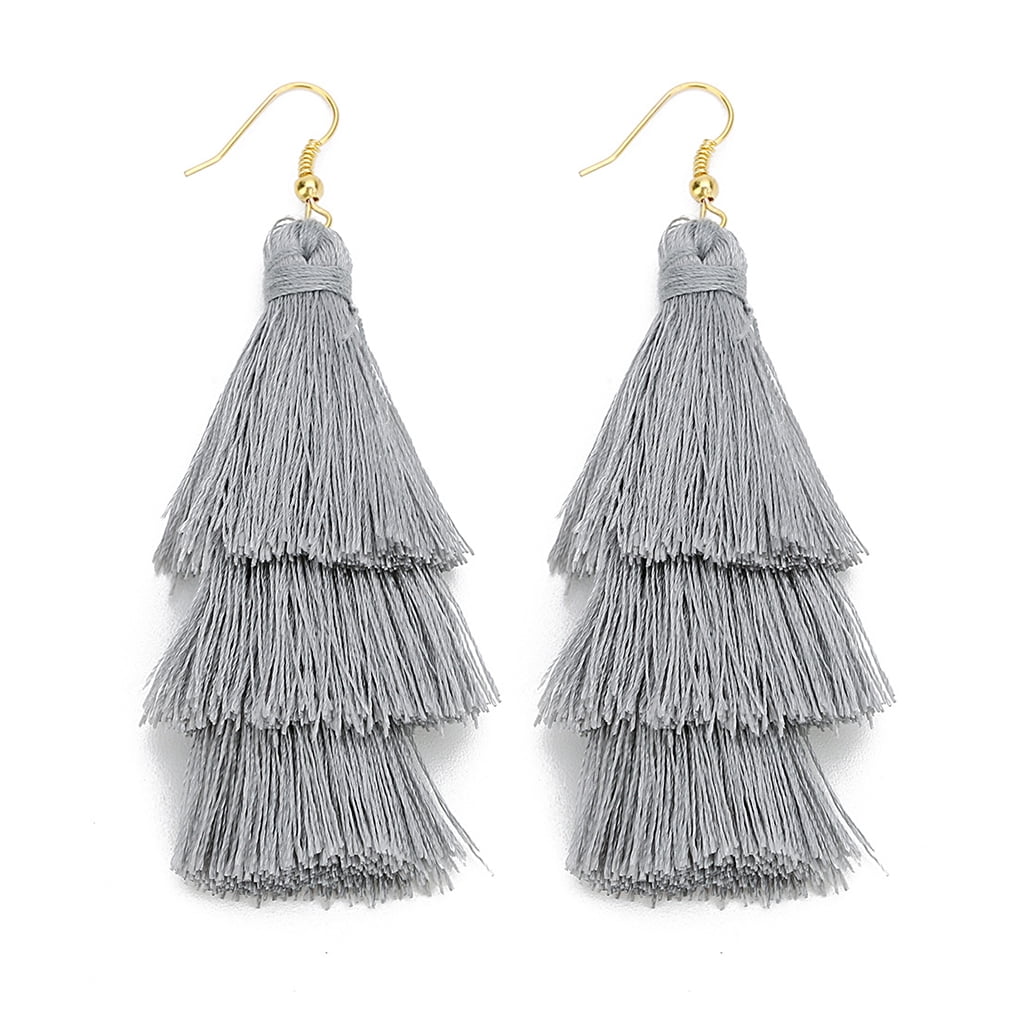 Dangle Earrings Grey Fringe Earrings Pair Bohemian Tassel Earrings