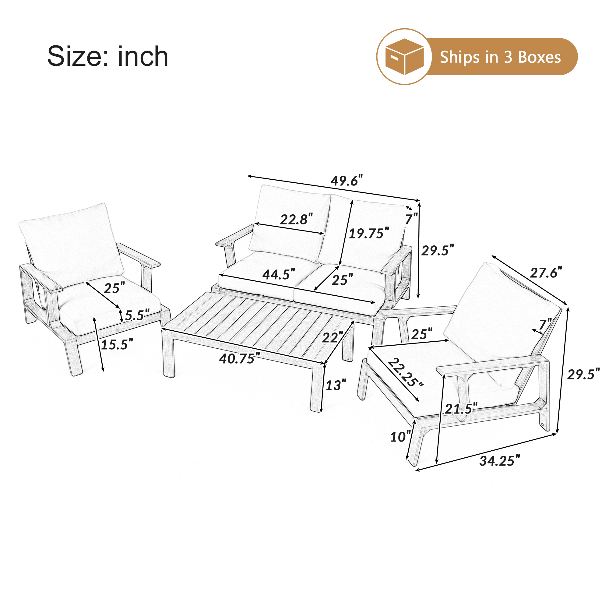 EUROCO 4 Pieces Outdoor Sofa Set 4-person Patio Seating Group Outdoor Conversation Set with Cushions and a Coffee Table for Patios, Gardens, or Balcony