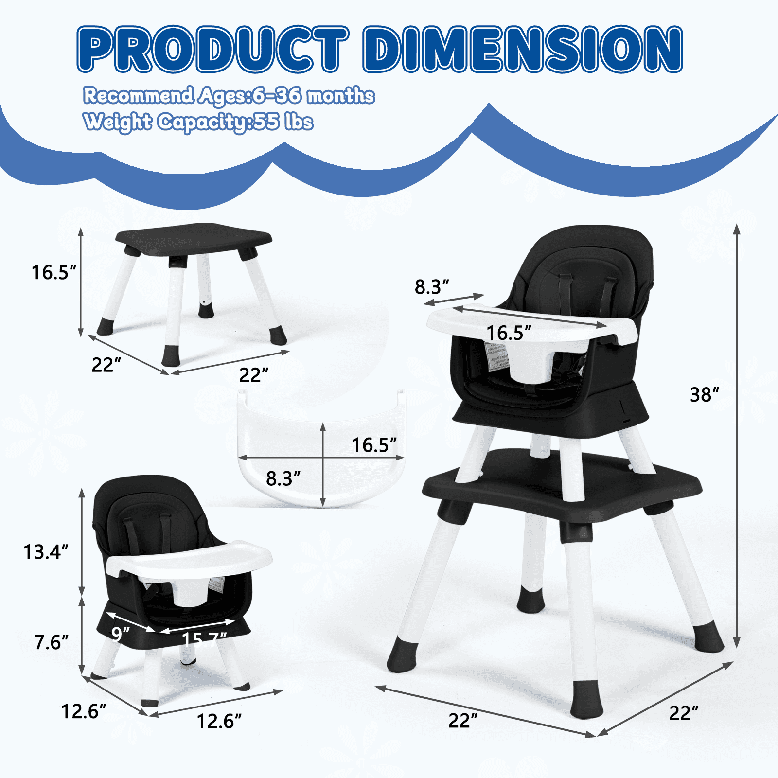 LINLUX 8 in 1 Convertible High Chair for Babies, Feeding Booster Seat for Toddlers, Black
