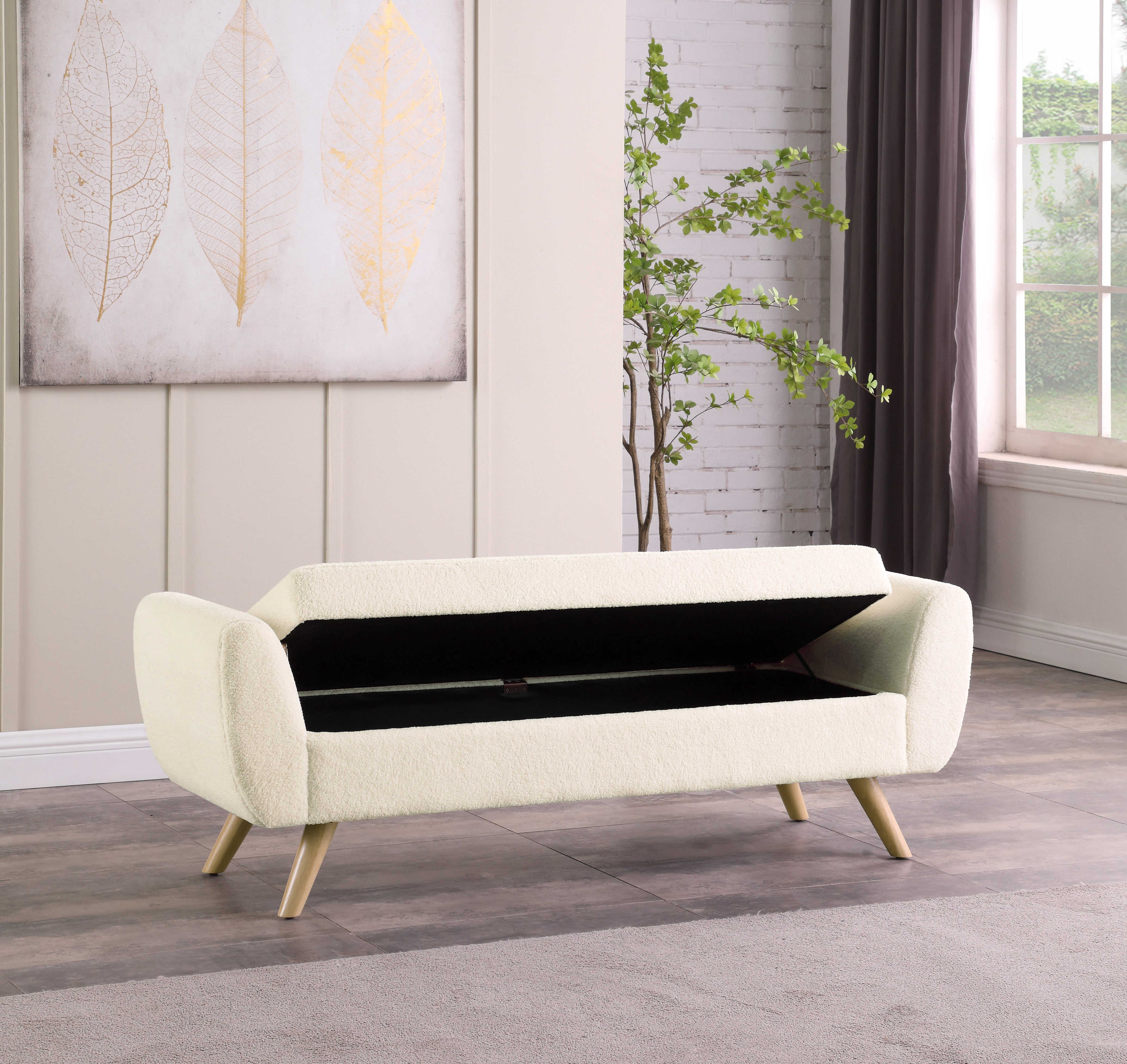 Natural Lines Modern Sherpa Storage Bench with Wood Legs - Cream