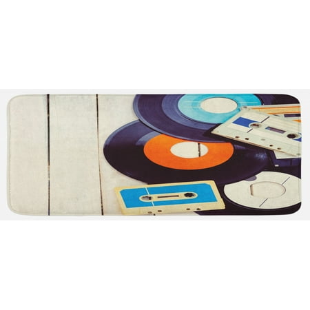 

Indie Kitchen Mat Gramophone Records and Old Audio Cassettes on Wooden Table Nostalgia Music Plush Decorative Kitchen Mat with Non Slip Backing 47 X 19 Blue Orange Black by Ambesonne