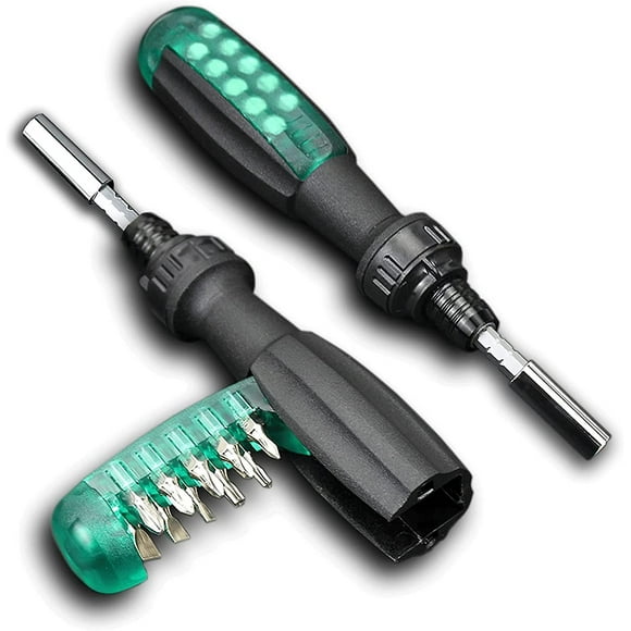 Ratchet Screwdriver With Magnetic Bit, 10 In 1, Small Pocket, Green, 1 Piece