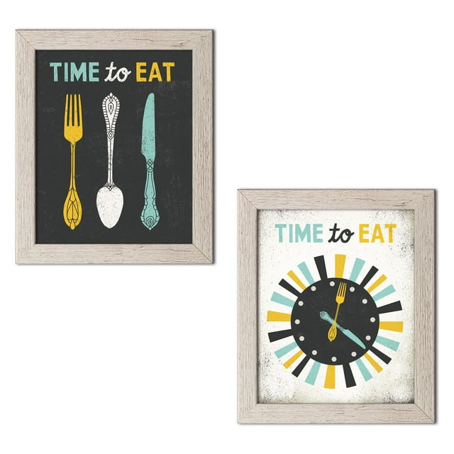 Gango Home Decor Gray and Teal Vintage "Time To Eat" Adult Kitchen Set; Two 11" x 14" Distressed Framed Prints