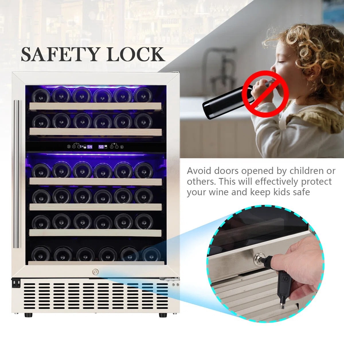 Auseo 24 inch Dual Zone Wine Cooler Refrigerator, 46 Bottle 156 Can Built-in Wine Fridge with Touch Control & Safety Lock，for Home or Office