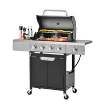 4 1 Burner Propane Grill with Side Burner & Cover, 51,000 BTU Electronic Ignition BBQ Gas Grill, Stainless Steel Barbecue Propane Grills with Cast Iron Grates & Swivel Wheels for Outdoor and Patio