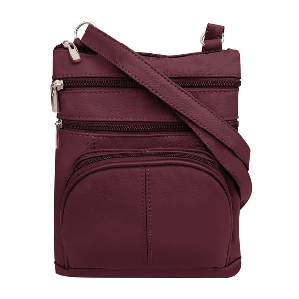 Roma Leathers Genuine Leather MultiPocket Crossbody Purse Bag (Wine
