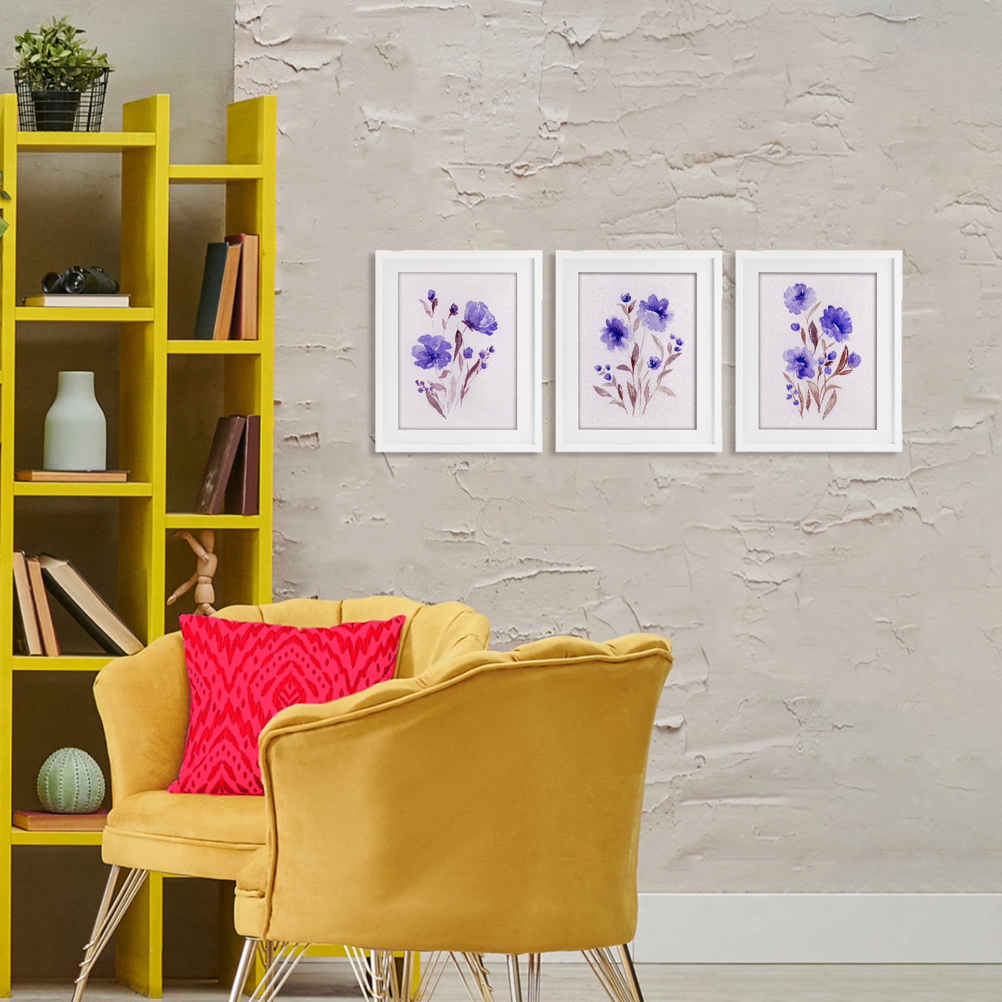 Stupell Industries Watercolor Purple Blooms 3 Piece White Framed Print Under Glass Set, design by Leah Noel Art