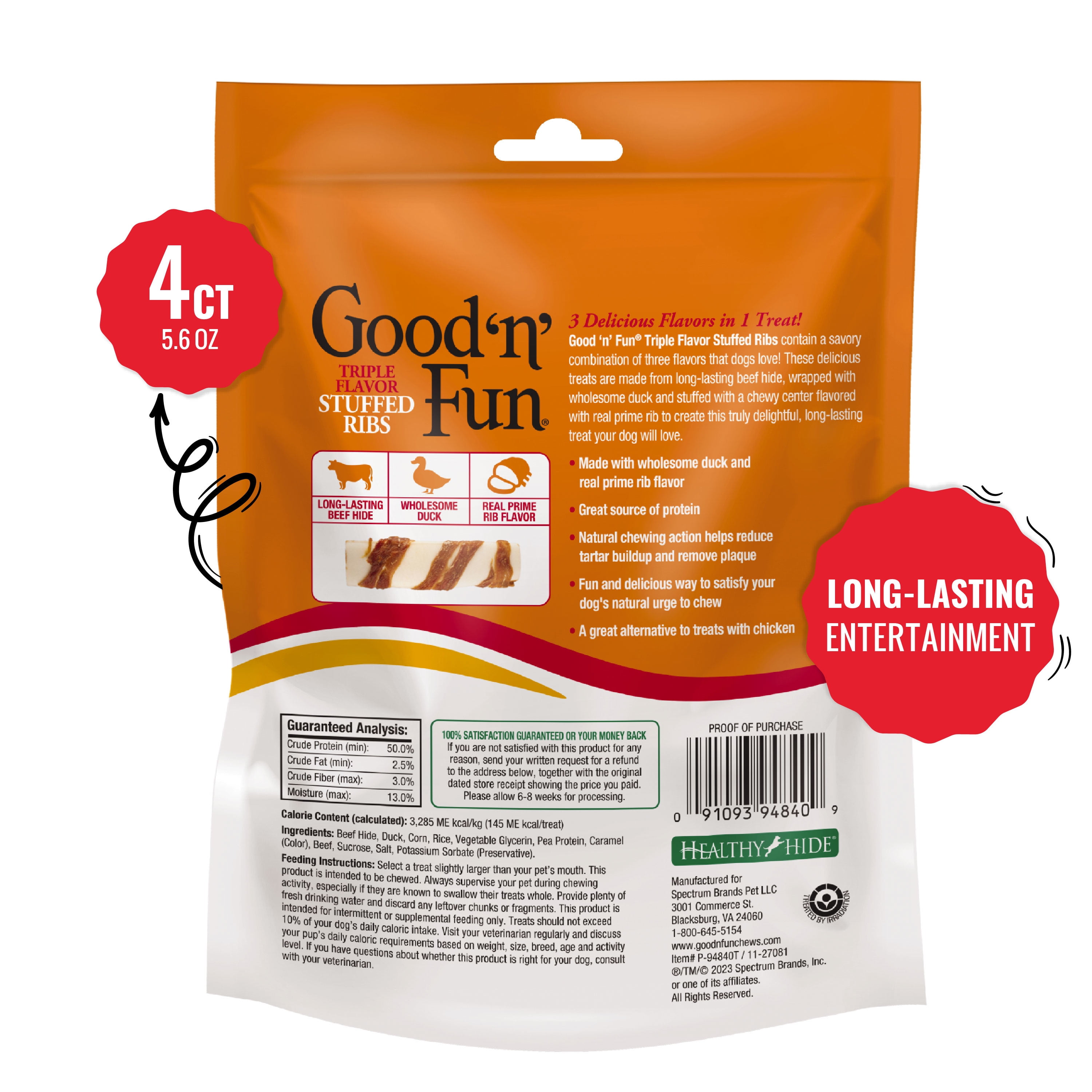 Good ‘n’ Fun Triple Flavor Stuffed Ribs for Medium Dogs, Chicken-Free Rawhide Chews Made with Beef, Duck and Prime Rib Flavor, 4 Count