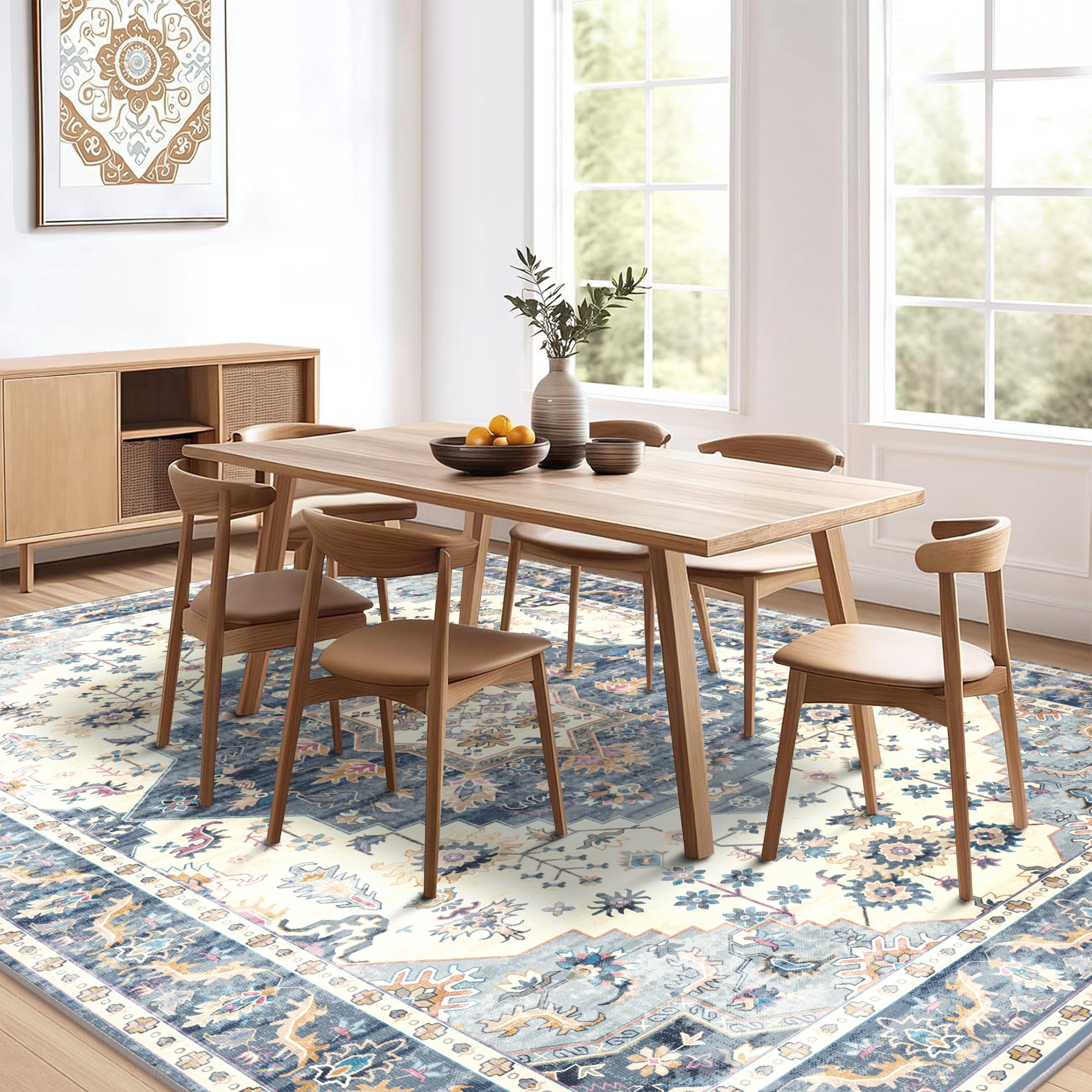 Nefoso 8ft x 10ft Vintage Area Rugs, Washable Area Rugs for Living Room Bedroom Kitchen Home Decor, Non-Slip Carpet, Blue & Beige