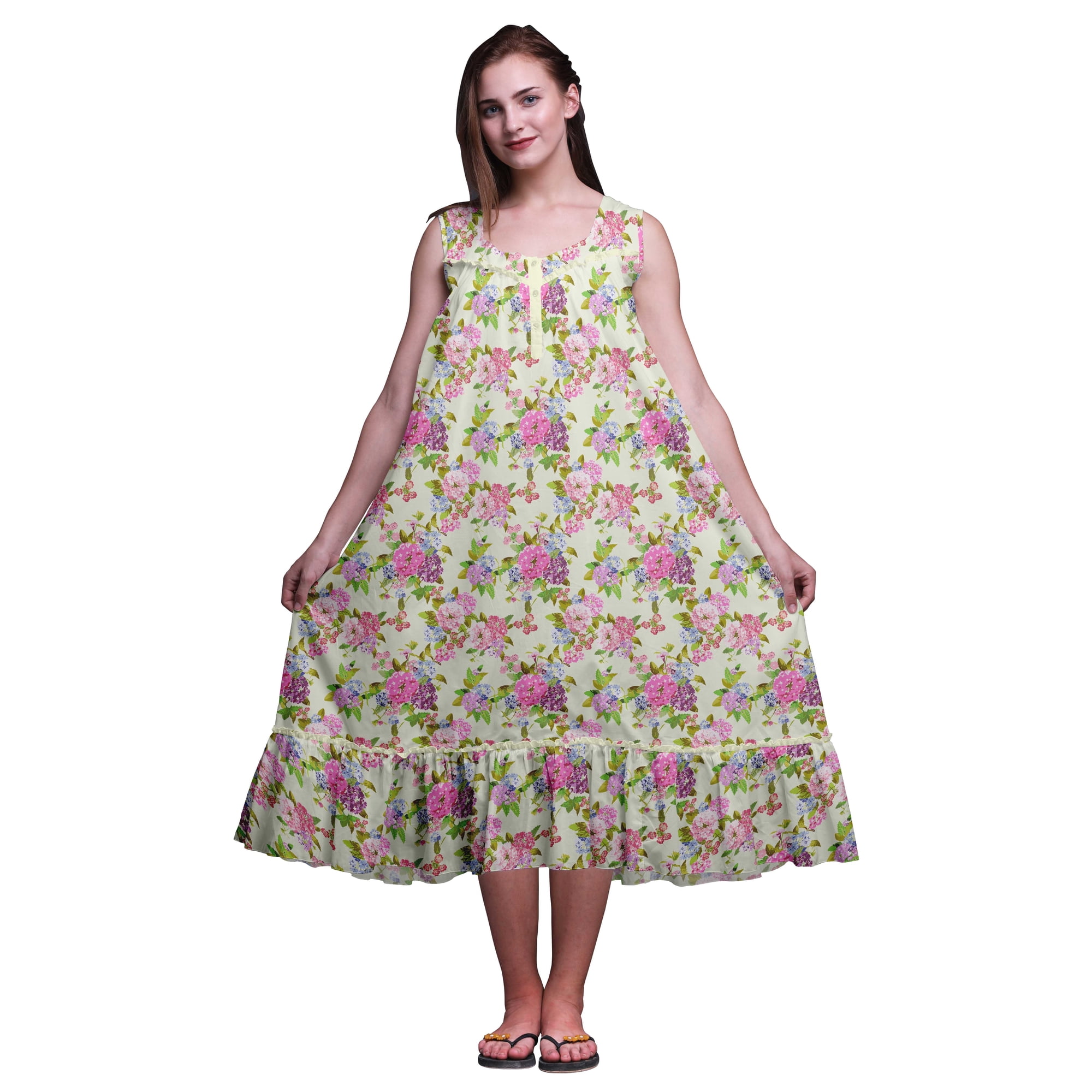 Bimba Light Yellow3 Floral Leaves & Primula Printed Cotton Nightgowns For Women Sleeveless Gown Sleepwear Maxi Dress XX-Large