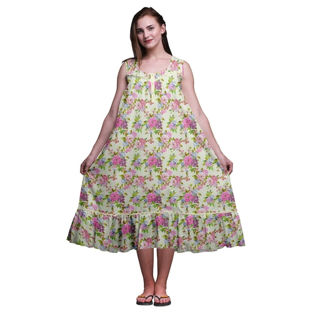 Bimba Jaune Pâle3 Feuilles Florales et Primula Imprimées Chemises de Nuit en Coton pour Femmes Robe Sans Manches Tenue de Nuit Robe Maxi XX-Grand