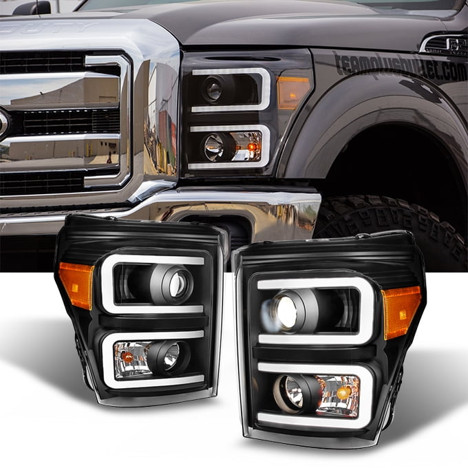 For 2011-2016 Ford F250 F350 F450 F550 Superduty LED Tube Black Projector Headlights Driver+Passenger Pair 