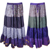 Mogul Bohemian Womens Long Skirts Vintage Silk Sari Flare Tiered Maxi Skirt Lot Of 2 Pcs