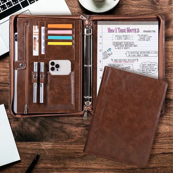 A4 Business Padfolio Binder with Zipper, Vegan Leather Professional Portfolio Organizer with 3-Ring Binder, Notepad & Resume Holder for Meetings & Travel