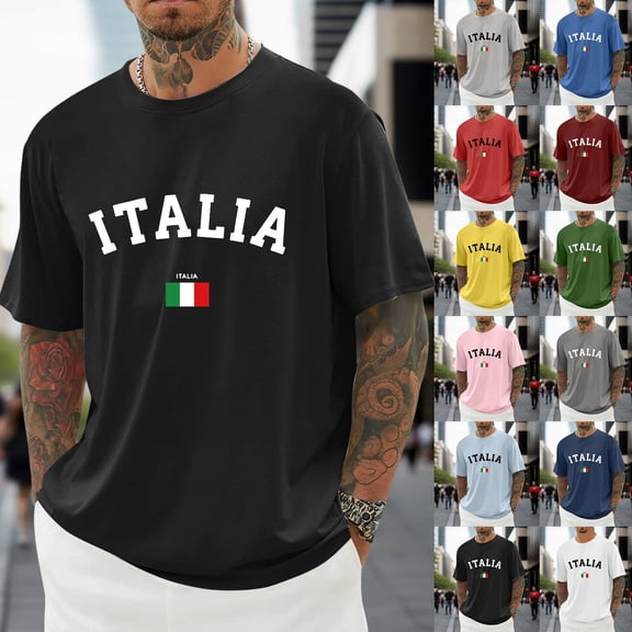 Mens T Shirts Italian Flag Letter Print Short Sleeve Crewneck Tee Shirts Summer Casual Lightweight Top Army Green L