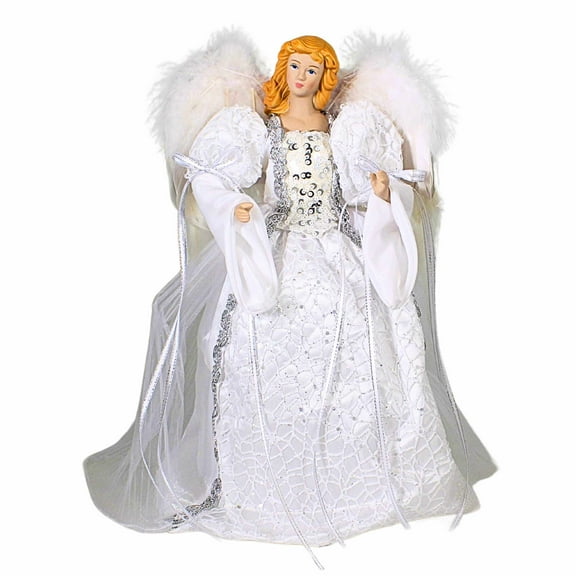 Roman 14.00In White/ Silver Angel Tree Topper, Porcelain, Free Standing Feather Wings 132729A