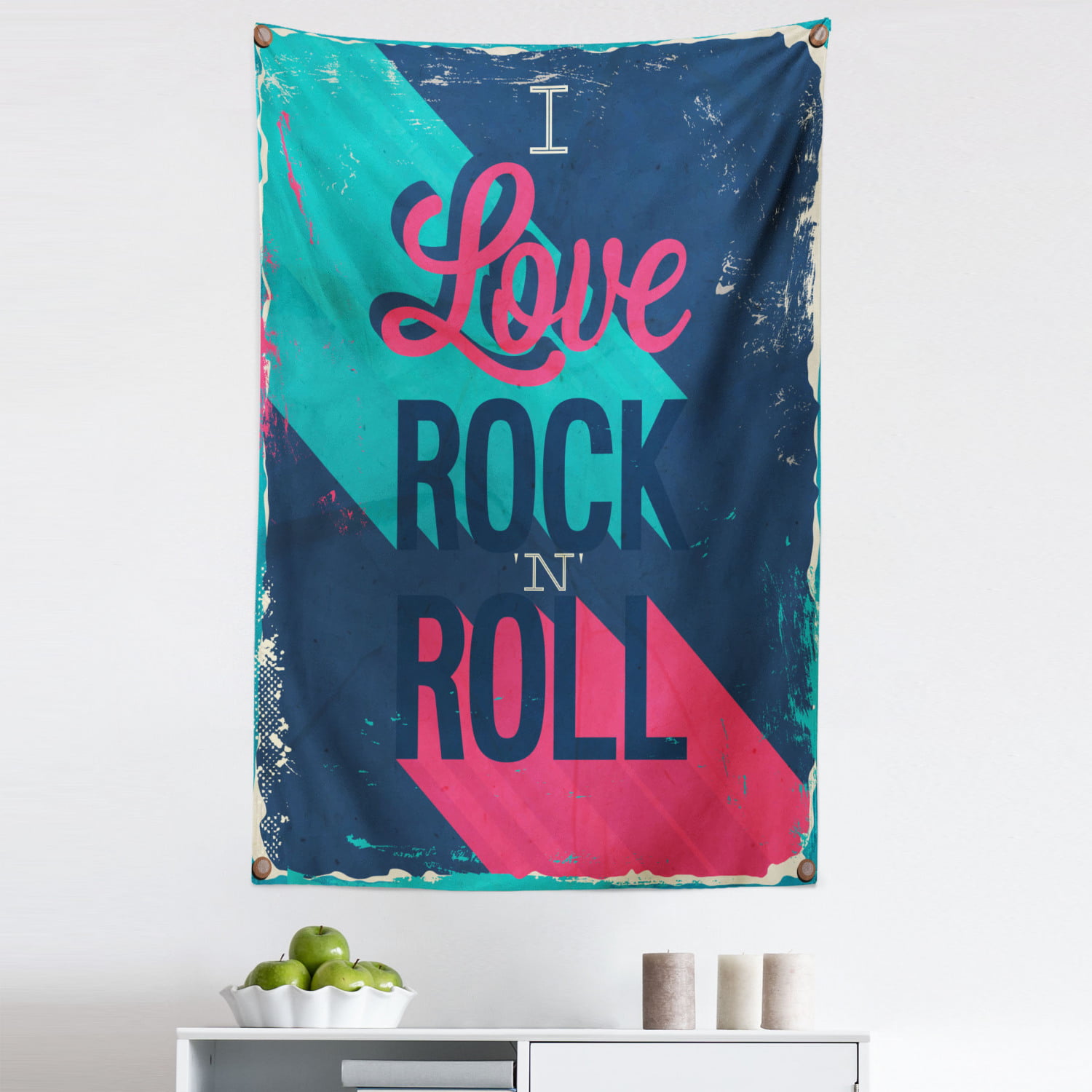 Rock N Roll Design Small Tapestry Wall Hanging Blue Color Poster Cotton Fabric 