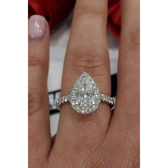 2.50Ct Pear Cut Lab Created Diamond Women's Halo Engagement Ring 14K White Gold Plated