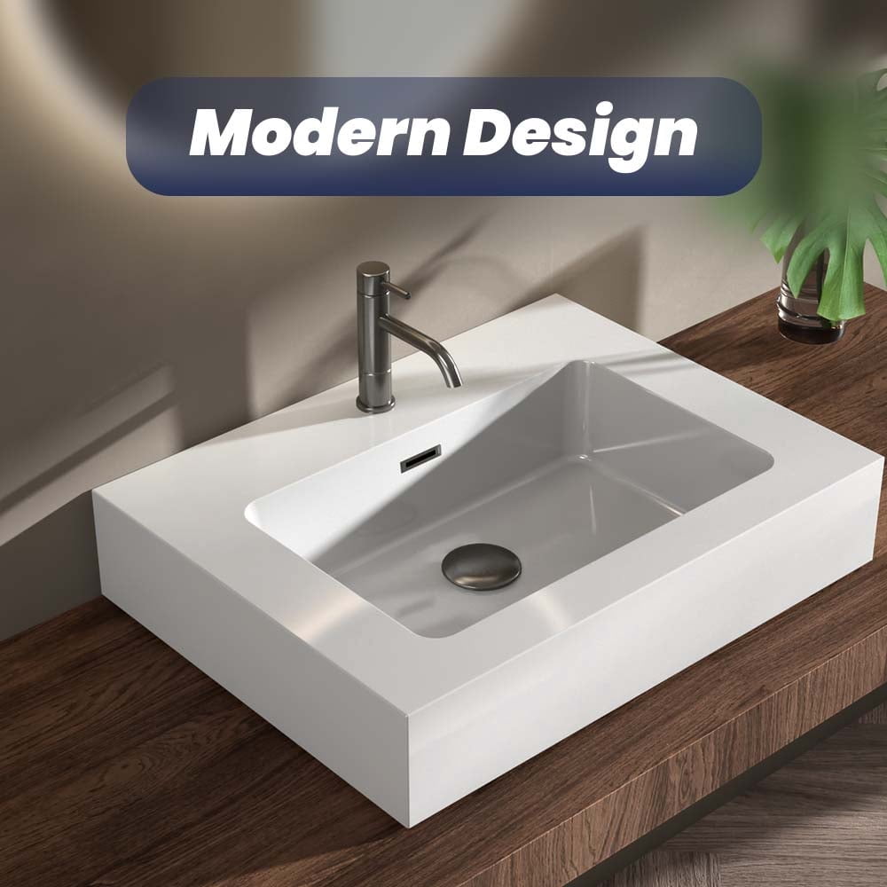 CITTANEO Glossy White Solid Surface Integrated Sink - Vessel Bathroom Vanity Basin Without Drain or Faucet - Seamless Non-Porous Design