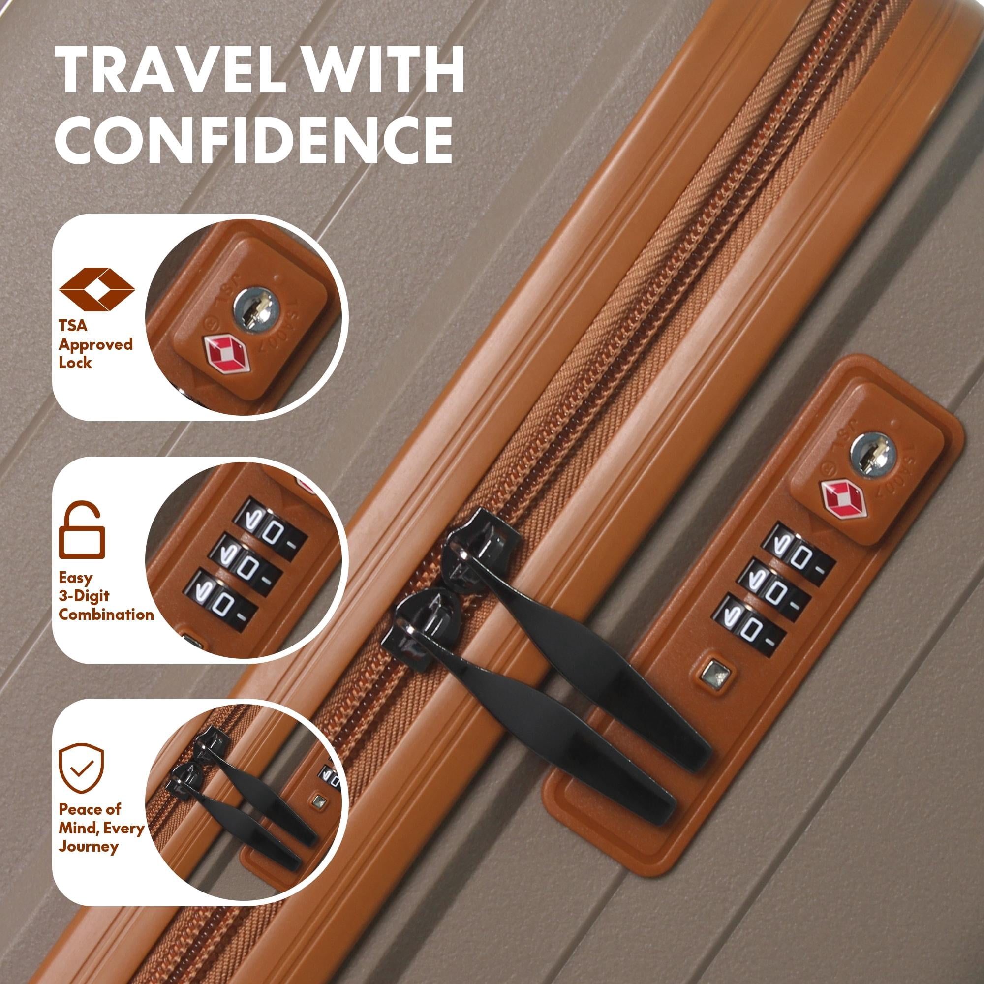 3-Piece PP Hardshell Luggage Set, Lightweight Scratch-Resistant Suitcases with Silent Spinner Wheels & TSA Lock, Coffee Brown