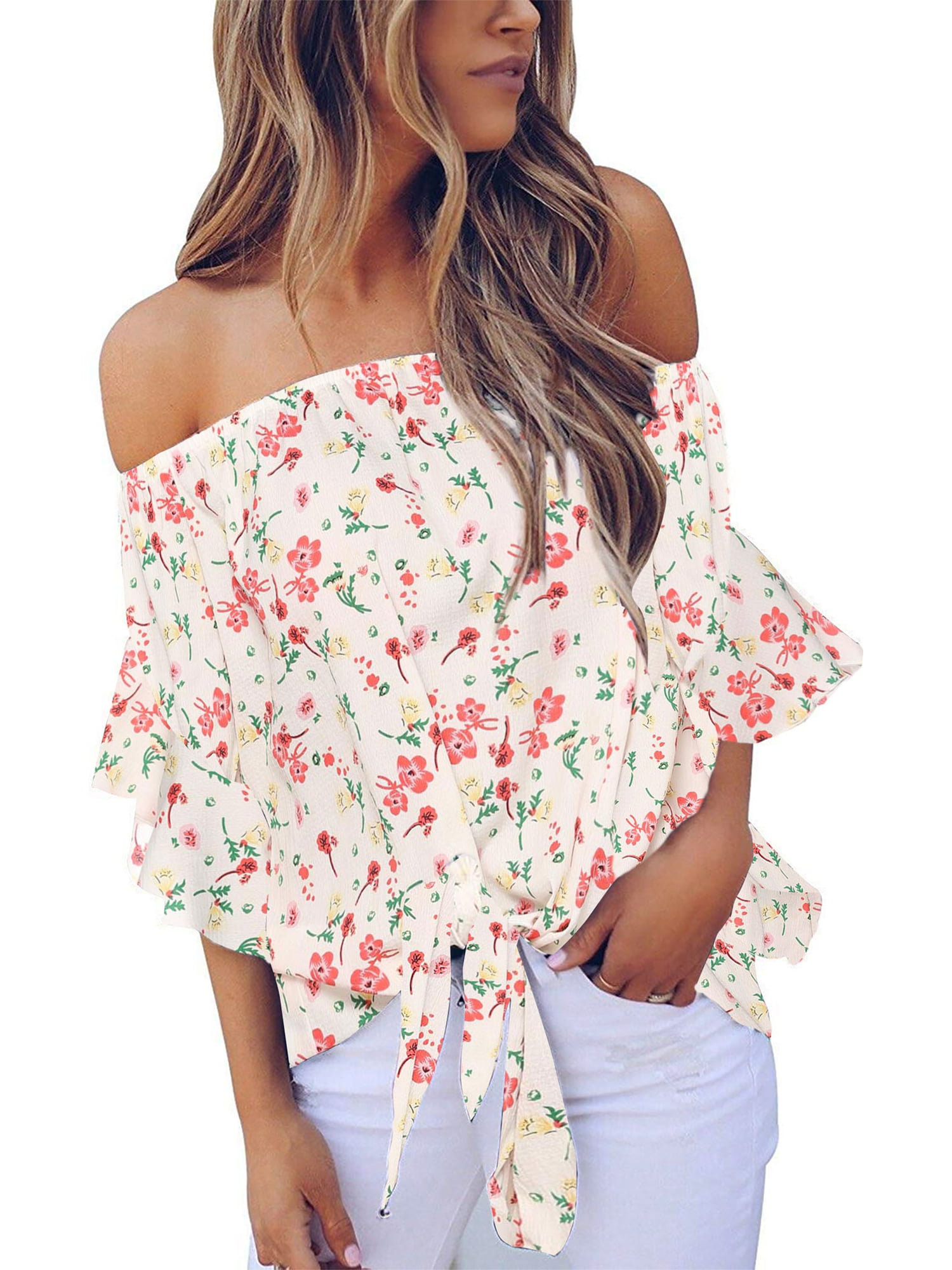 Women Summer Floral Off Shoulder Cami Tops Ladies Bardot Loose T Shirt Plus Size 