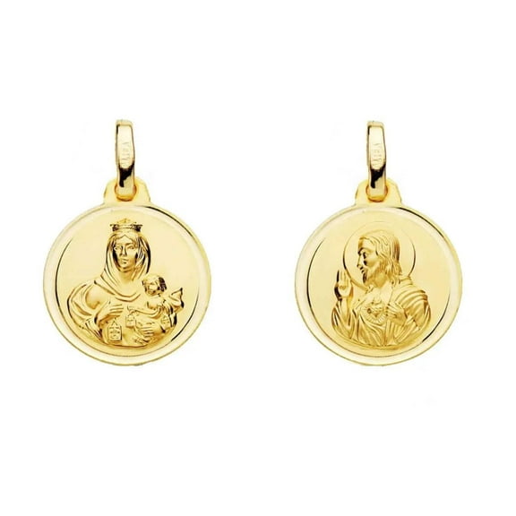 18K Solid Yellow Gold Round Scapular Medal 14 mm