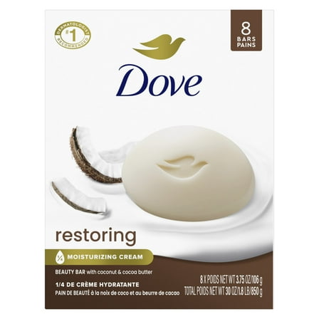 Dove Beauty Bar Women's Bath Soap Restoring Coconut & Cocoa Butter, 3.75 oz 8 Bars