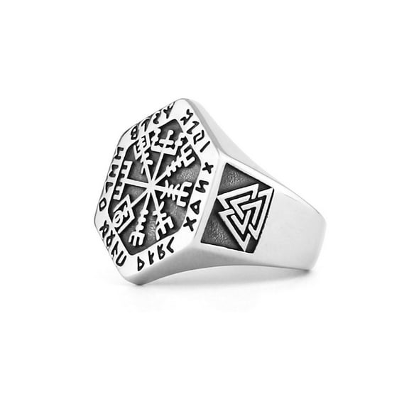 Fachoice Vegvisir Valknut Knot Ring for Men Viking Compass Rune Ring, Helm of Awe Valknut Ring Nordic Compass Vegvisir Runic Ring