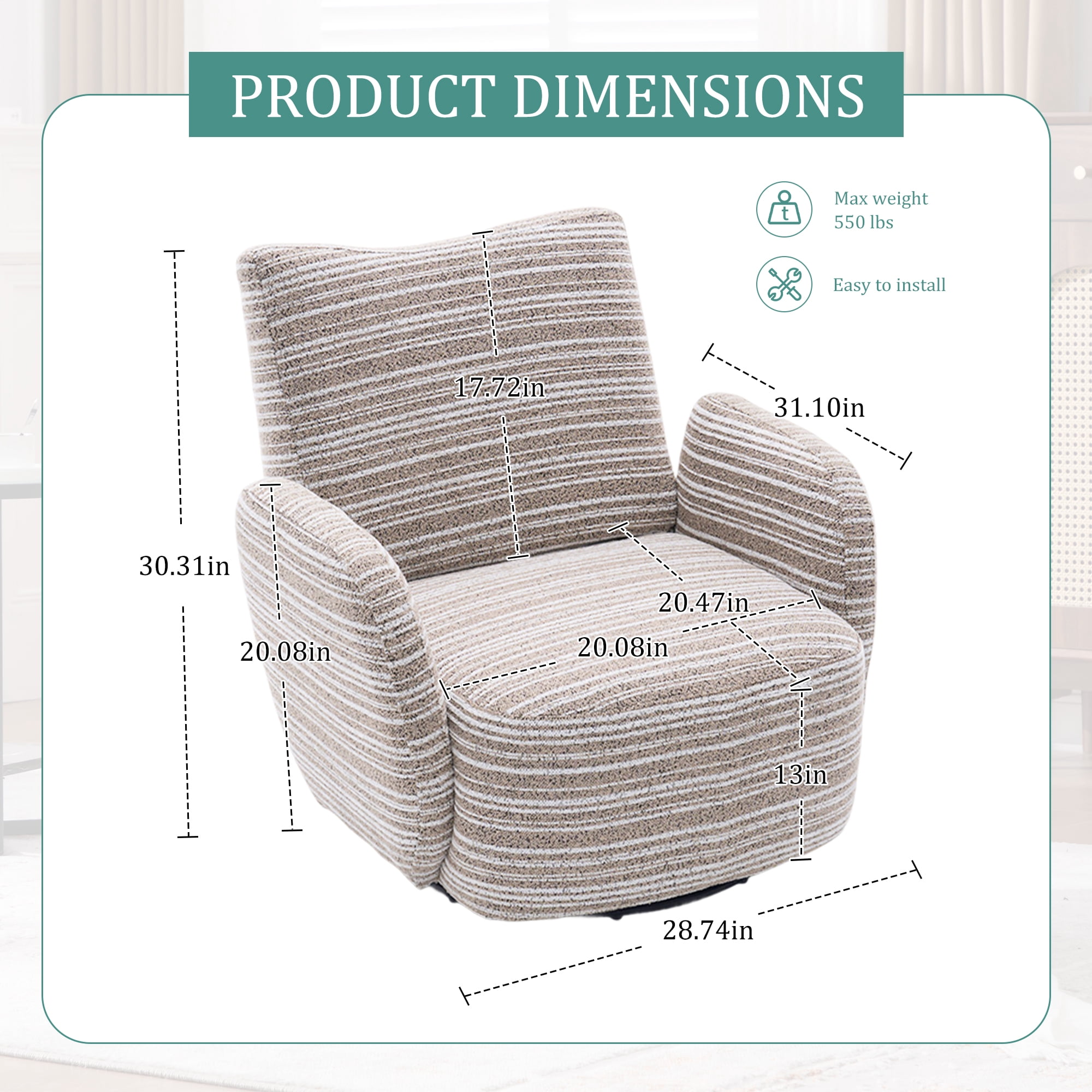 MOONMISS Boucle Upholstered 360°Swivel Fabric Striped Armrest Leisure Chair for Living room-Khaki