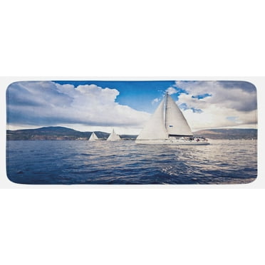 Nautical Kitchen Mat, Sailing Boat and Sails on Sea Waves Cloudy Sky Adventure Photo Print, Plush Decorative Kitchen Mat with Non Slip Backing, 47" X 19", Blue and White, by Ambesonne