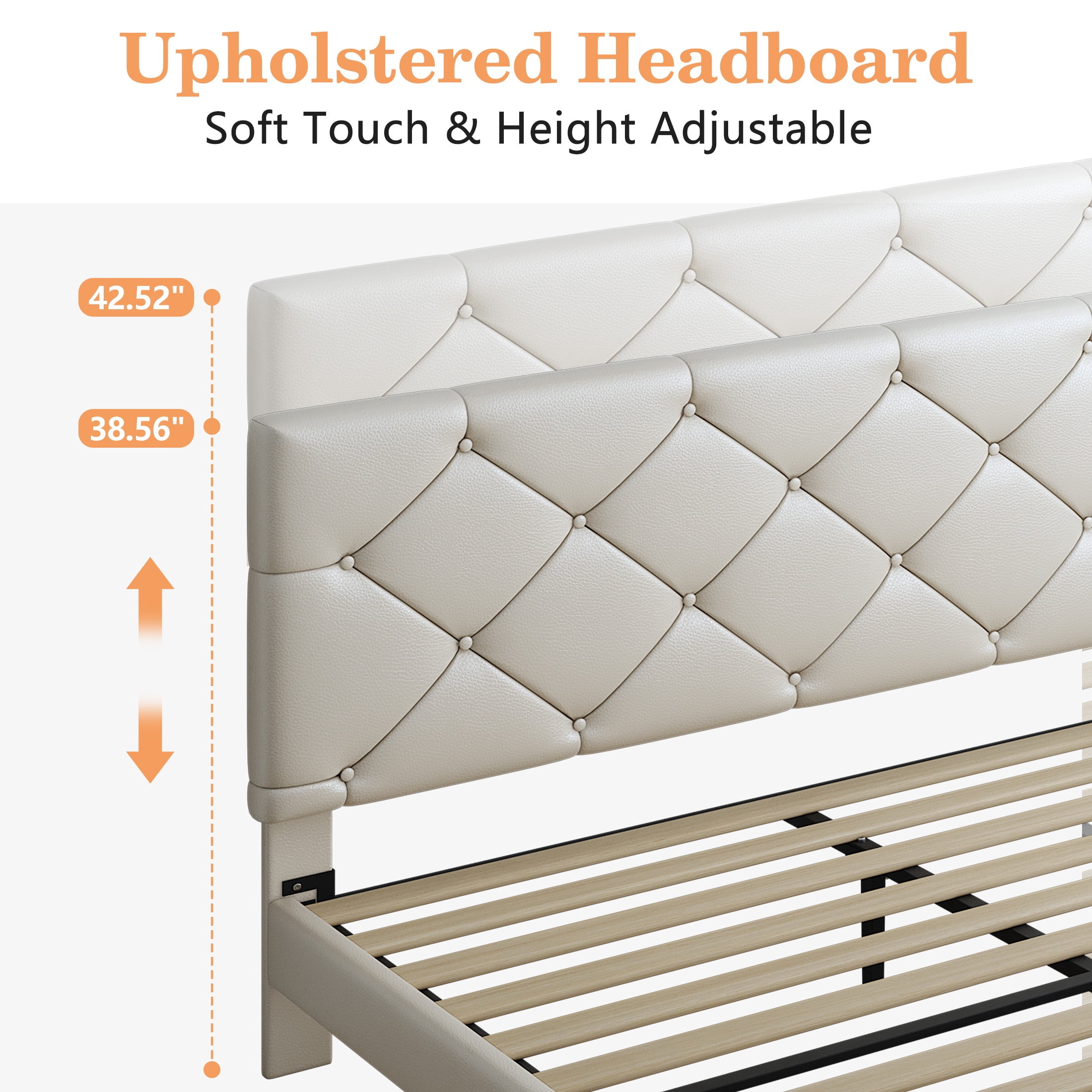 Queen Bed Frame with Upholstered Faux Leather Headboard, UHOMEPRO Platform Bed Frame with Wood Slat Support, No Box Spring Needed, Beige