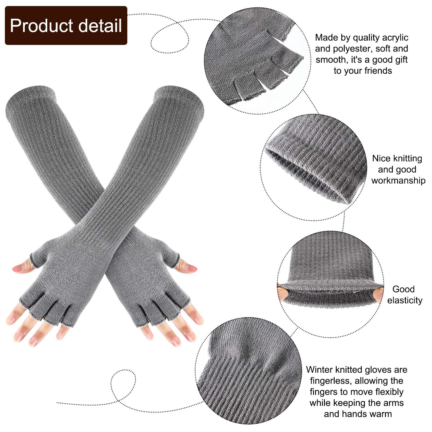 2 Pairs Winter Fingerless Gloves - 11 Inch Long Thermal Knit Arm Warmers For Men & Women