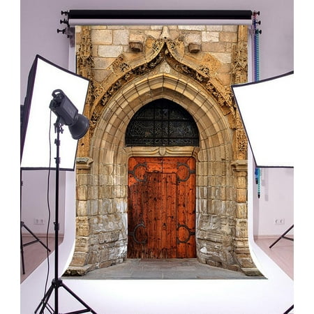 GreenDecor Polyster 5x7ft Backdrop Photography Background Ancient Old Arch Gate Retro Stone House European Style Wood Door Artistic Adults Portrait Film Shooting Backdrop Video Photo