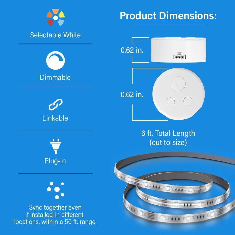 6 Ft. Plug-In Integrated LED White Strip Light Cuttable And Linkable Onesync With Color Change CCT Selectable