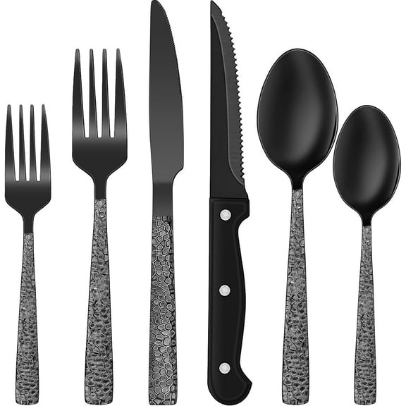 24-Piece Black Silverware Set with Steak Knives, Stainless Steel Flatware Set for 4, Mirror Polished Round Edge Tableware Cutlery for Home & Restaurant