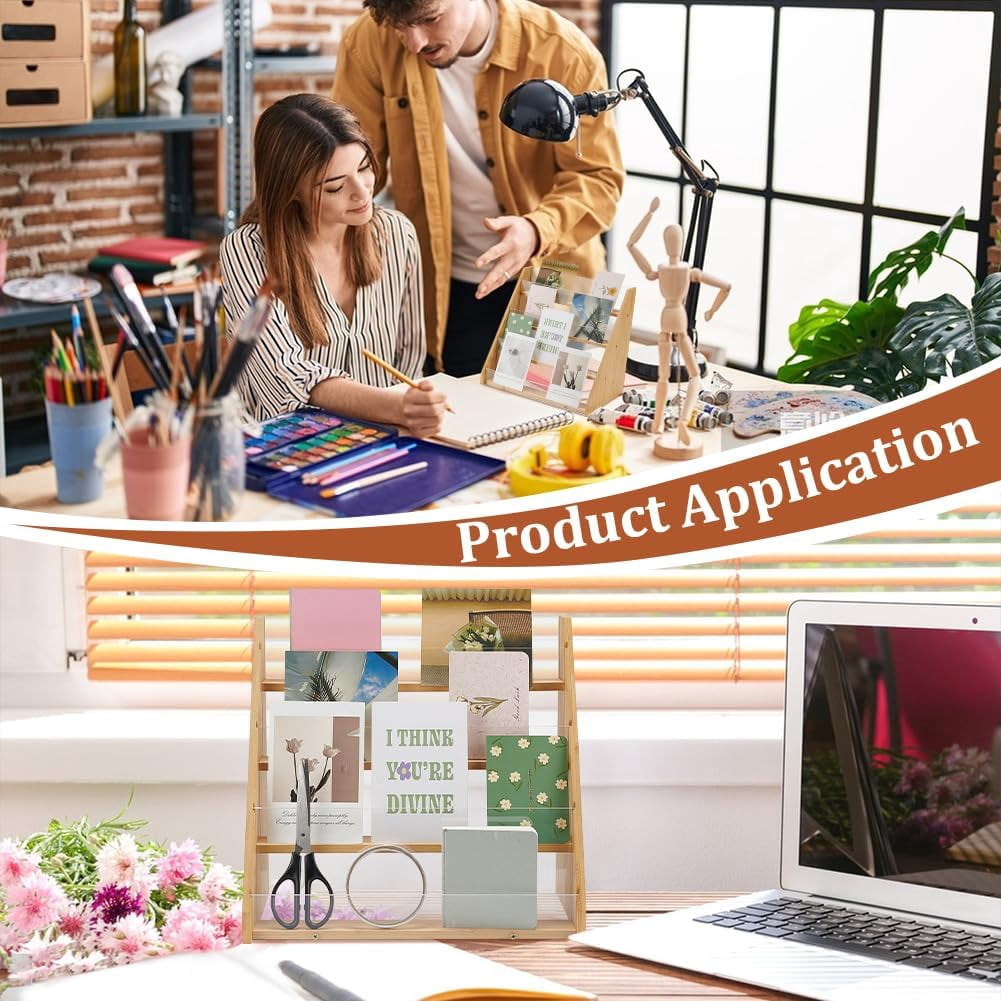 4-Tier Greeting Card Display Stands Bamboo Acrylic Display Case Postcard Rack Portable Sticker Display Stand Counter Retail Display Rack for Bookmark Counter Tabletop