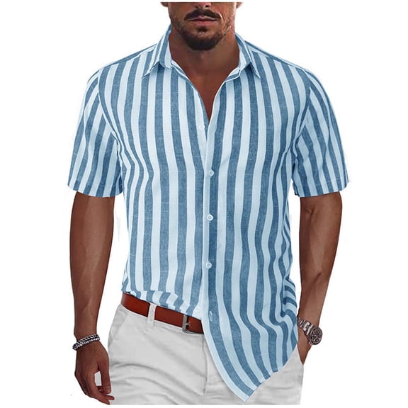USNSM Men's Casual Stylish Short Sleeve Button-Up Striped Dress Shirt Cotton Beach Shirts Loose Turndown Collar Fashion Tops Blue M