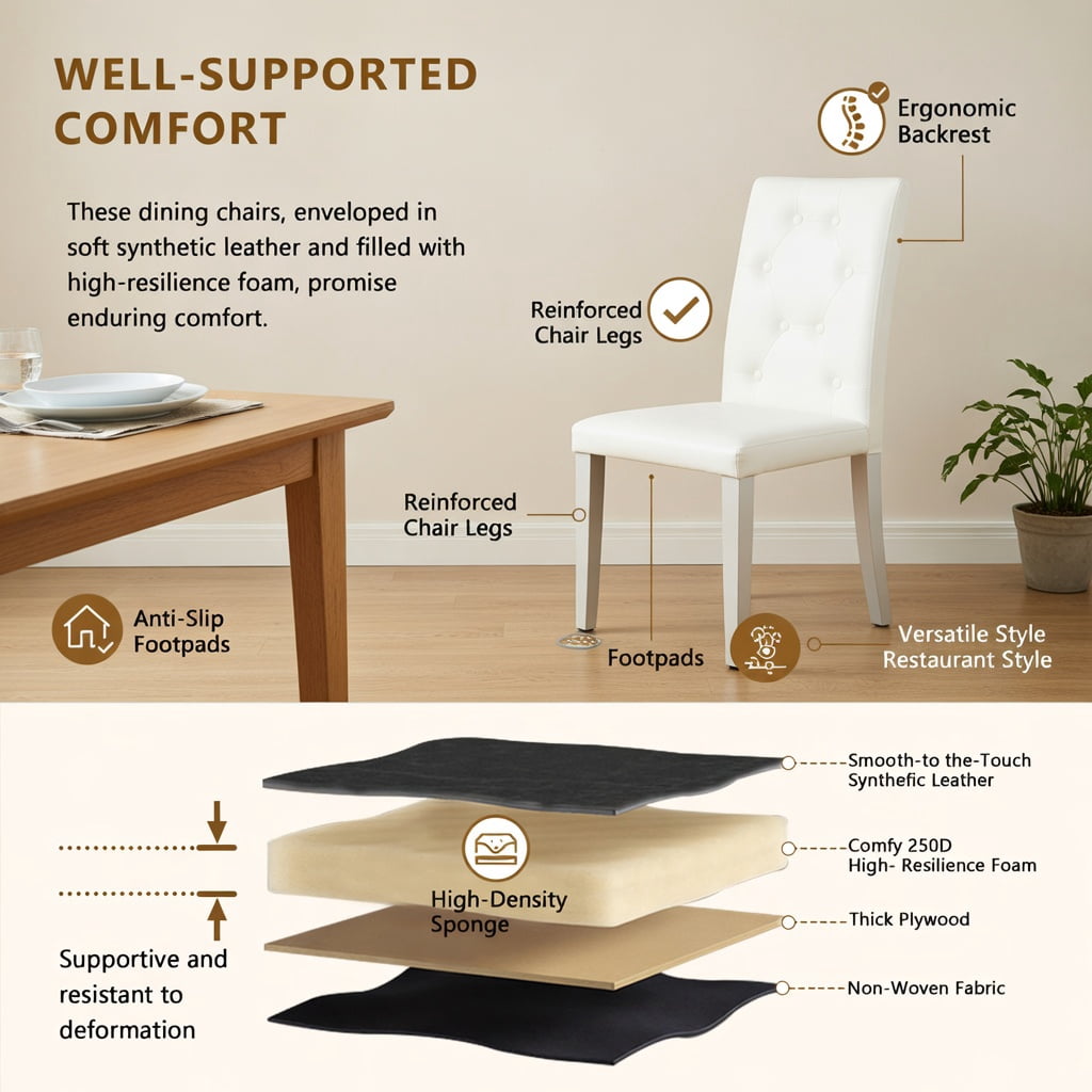 Hommoo 2-Pack Modern PU Leather Dining Chairs with Ergonomic Buckle Backrest & Metal Legs, 35 in Height, Comfortable Seating for Home, Restaurant & Hotel Use, White & Sliver
