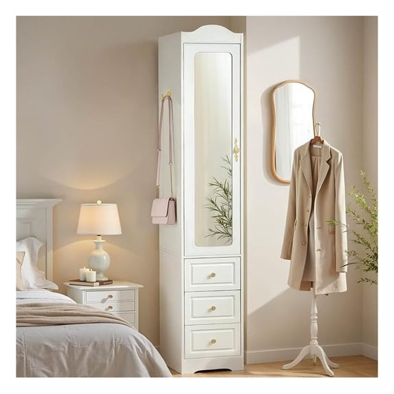 69.5" H Armoire Wardrobe Closet, Wood Bedroom Armoires Cabinet with Mirror Door and 3 Drawers, White Clothing Storage Cabinet with Hanging Rod & Sensor Light for Bedroom(Left)