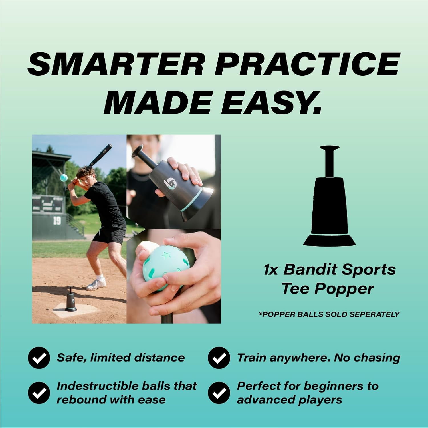 Tee Popper Baseball Training, Portable Baseball Training Equipment, Solo Batting Practice Tee Popper for Baseball & Softball, No Chasing Ball Design