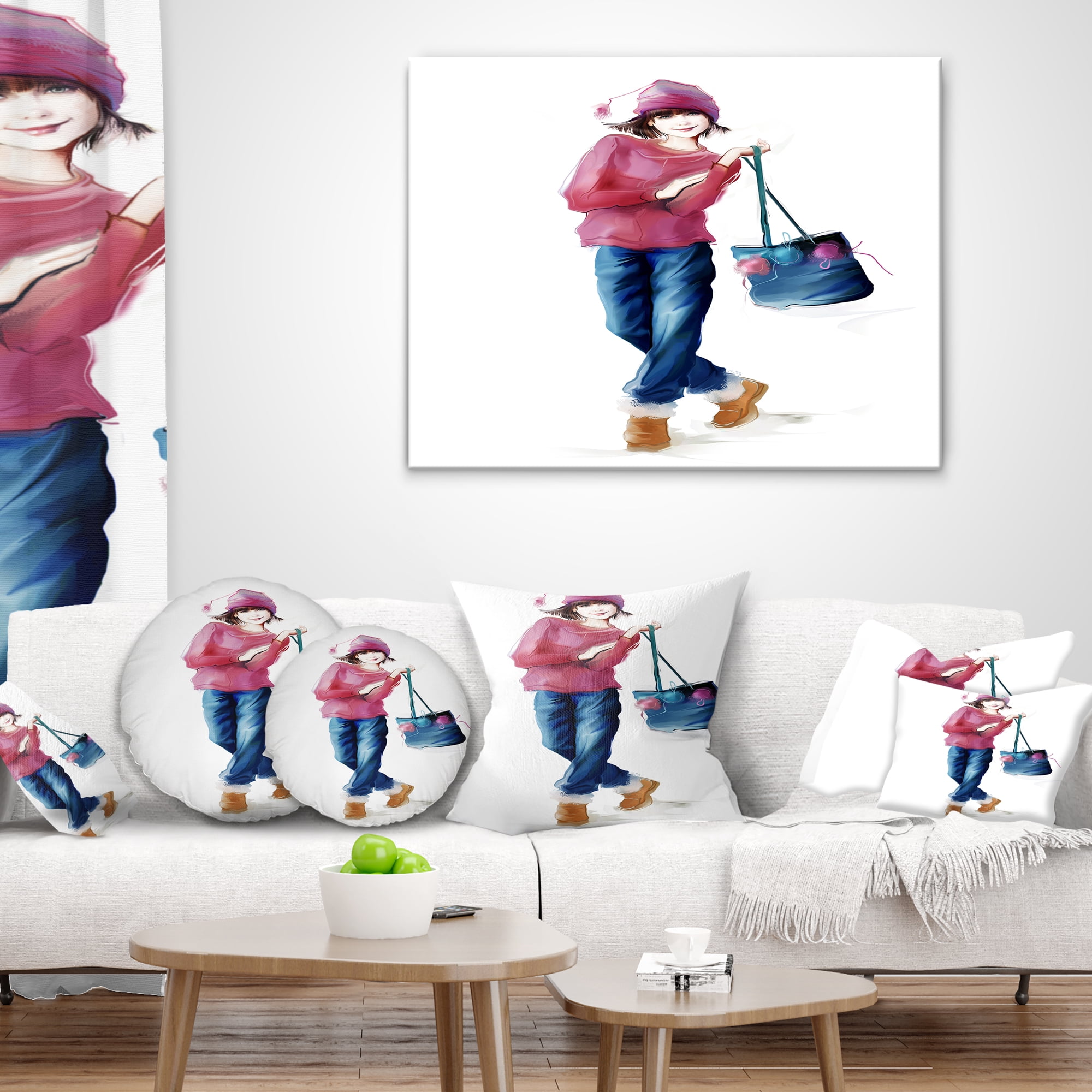 Designart Fashion Young Girl in Red - Portrait Throw Pillow - 16x16