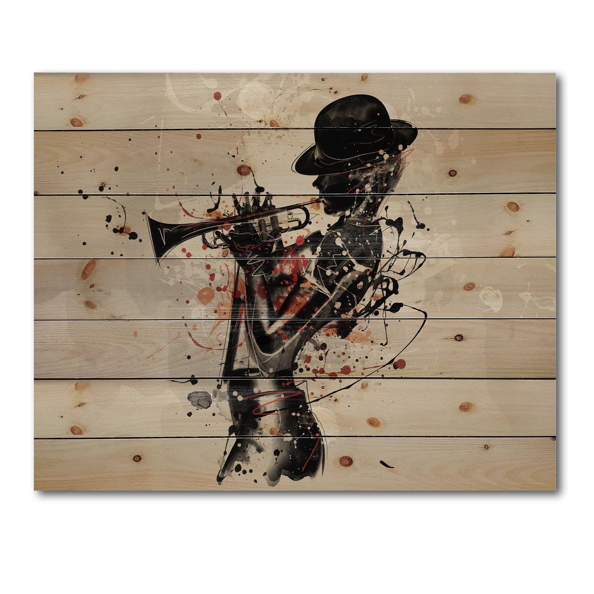 Designart 'Girl Playing Jazz Trumpet' Modern Print on Natural Pine Wood
