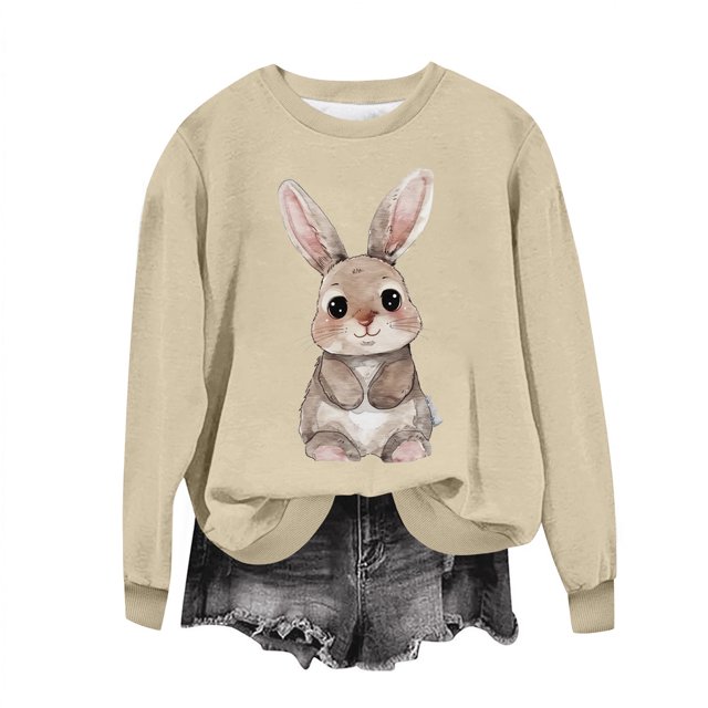 Penkiiy Chemises de Pâques pour Femmes 2024 Manches Longues Mignon Lapin Col Rond Chandail en Molleton Graphique Lapin Décontracté Été Blouse Tunique Hauts S Beige
