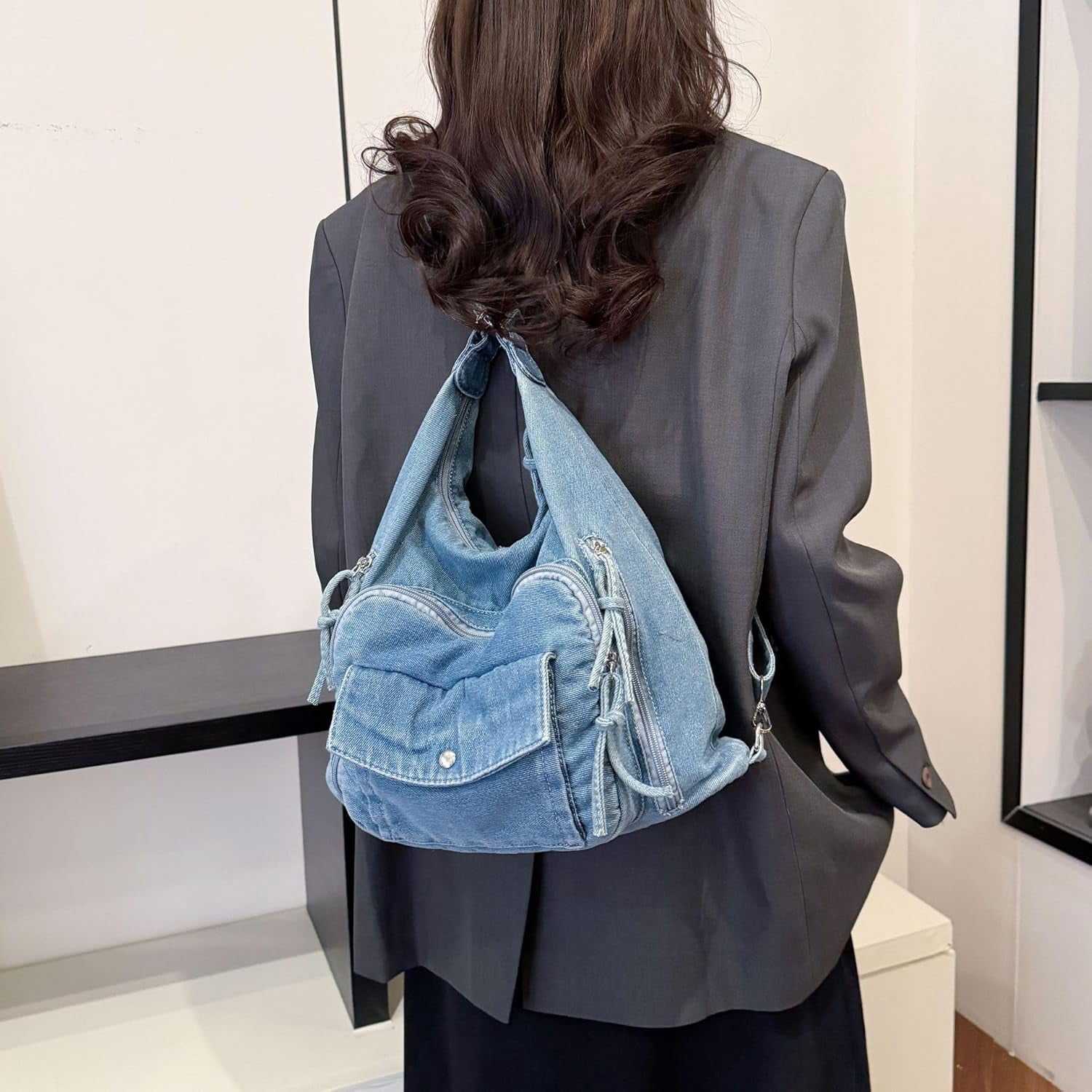 JennyShop Large Capacity Tote Purse with Multiple Pockets, High Quality Denim Shoulder Handbag, Classic Versatile Crossbody Bag