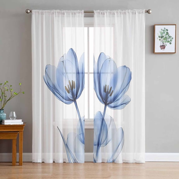Light Blue Tulip Semi Sheer Curtains 96 Inch Length 2 Panels Set, Farmhouse Abstract Elegant Flowers Sheer Kitchen Curtain Privacy Voile Window Curtain for Living Room Bedroom Rod Pocket Drapes